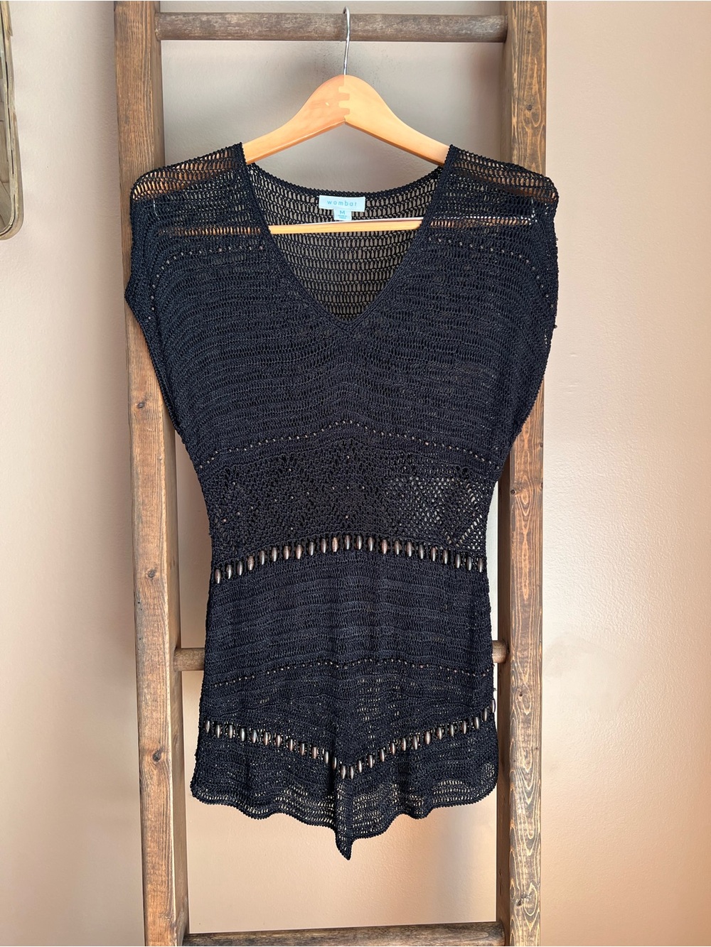 Wombat Black Crochet Knit V-Neck Top